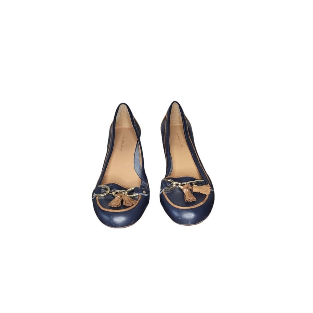 Tommy Hilfiger Wedge Heels Women Sz‎ 9 Navy Sliver Canvas Cork Tassel Workwear